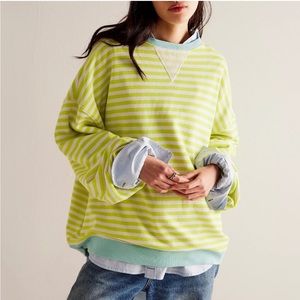 Free People Classic Striped Oversized Crewneck Pullover in Lime Size Medium